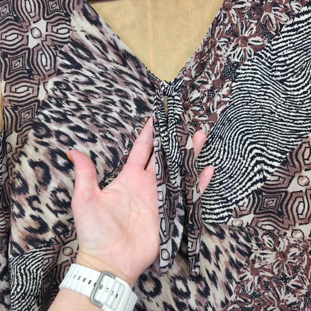 Vintage Kathie Lee Dress Womens XL Brown Patchwork Animal Print Floral Tie Neck‎